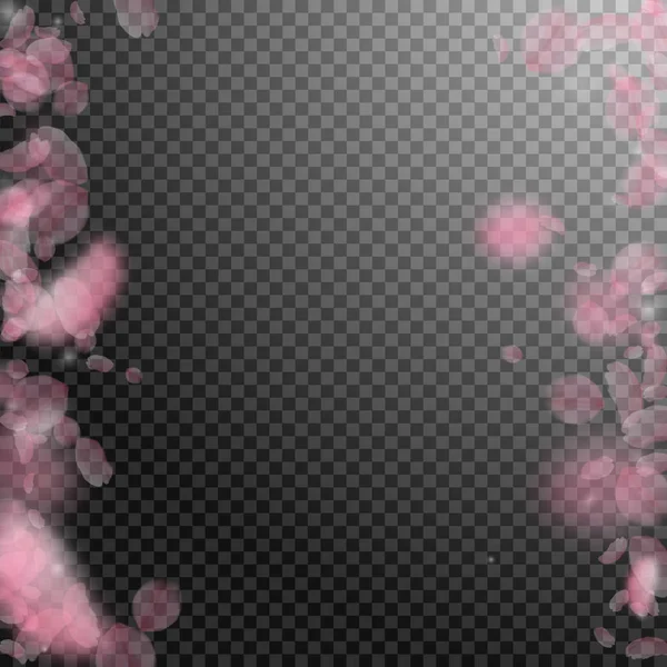 Des pétales de Sakura tombent. Fleurs roses romantiques bordures. Pétales volantes sur fond carré transparent — Image vectorielle