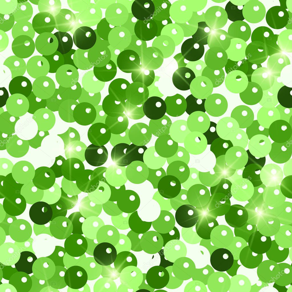 Glitter seamless texture. Admirable green particles. Endless pattern made of sparkling spangles. Mes