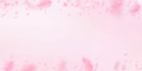 Pétalas Sakura a cair. Flores rosa românticas chuva caindo. Pétalas voadoras no backgroun largo rosa —  Vetores de Stock