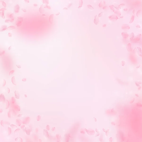 아래로 떨어지는 사쿠라 꽃잎. 로맨틱 핑크 꽃 장식 무늬입니다. 분홍색 사각형 배경에 플 라 잉 꽃잎. — 스톡 벡터