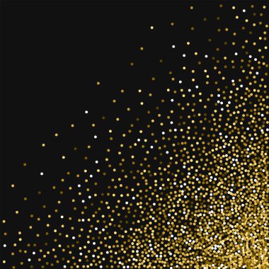 Altın glitter dağınık sağ alt köşesinde yuvarlak altın glitter ile siyah arka plan üzerine yuvarlak