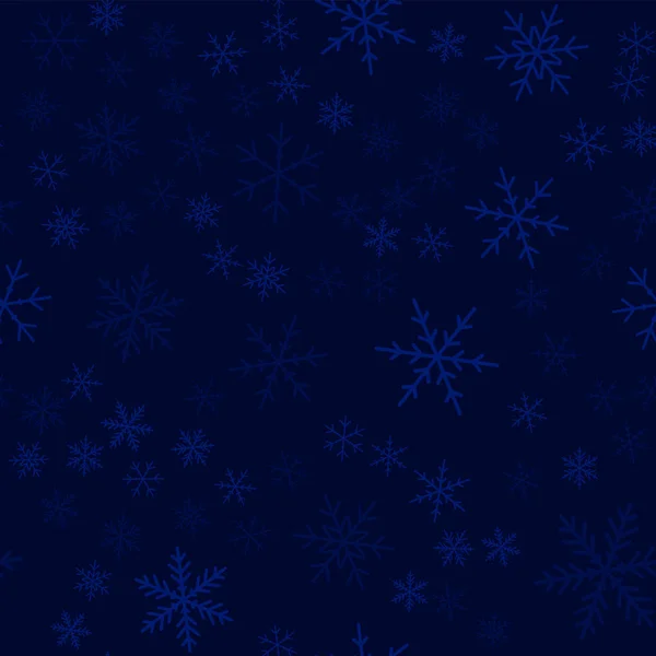 Copos de nieve transparente patrón sin costuras sobre fondo de Navidad azul oscuro Caótica dispersa — Vector de stock