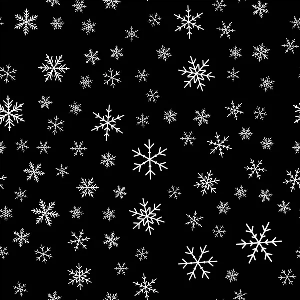Copos de nieve blancos patrón sin costuras sobre fondo negro de Navidad Caóticos copos de nieve blancos dispersos — Vector de stock