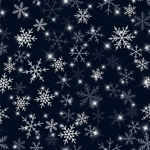 Białe płatki śniegu wzór na czarnym tle Boże Narodzenie chaotyczny rozproszone białe płatki śniegu — Wektor stockowy
