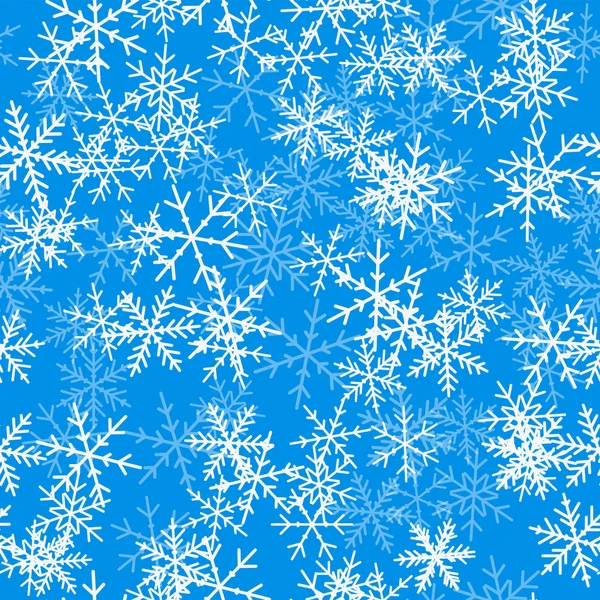 Patrón sin costuras de copos de nieve azul claro sobre fondo azul navideño Chaotic scattered light blue — Vector de stock