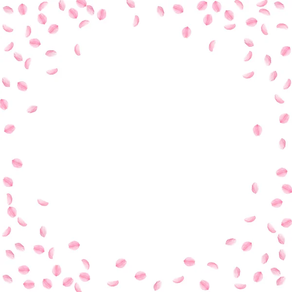 Des pétales de Sakura tombent. Romantique rose soyeux petites fleurs. Pétales de cerises volantes clairsemées. Cercle f — Image vectorielle
