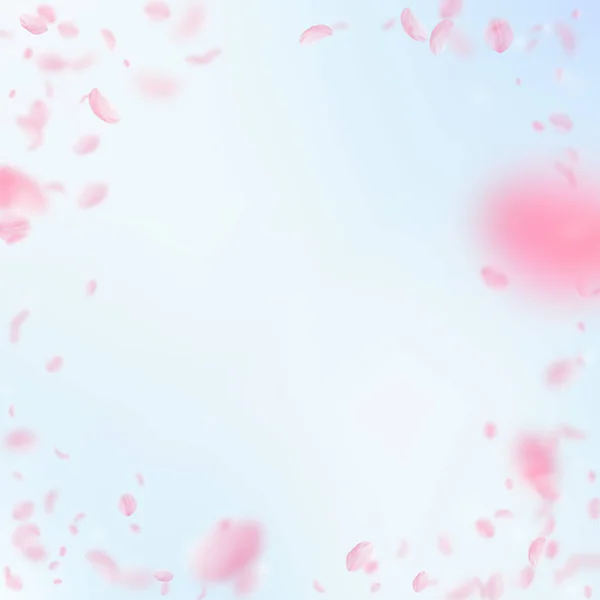Spadające płatki. Winieta romantyczne różowe kwiaty. Latający płatki na niebo niebieski kwadrat backgro — Wektor stockowy