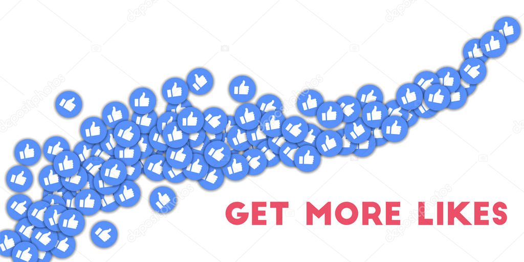 Get more likes. Social media icons in abstract shape background with scattered thumbs up. Get more l