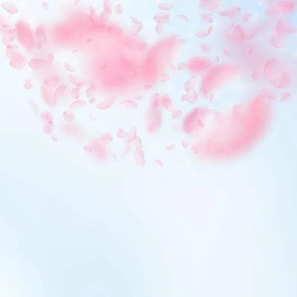 Des pétales de Sakura tombent. Romantique demi-cercle de fleurs roses. Pétales volantes sur fond carré ciel bleu — Image vectorielle