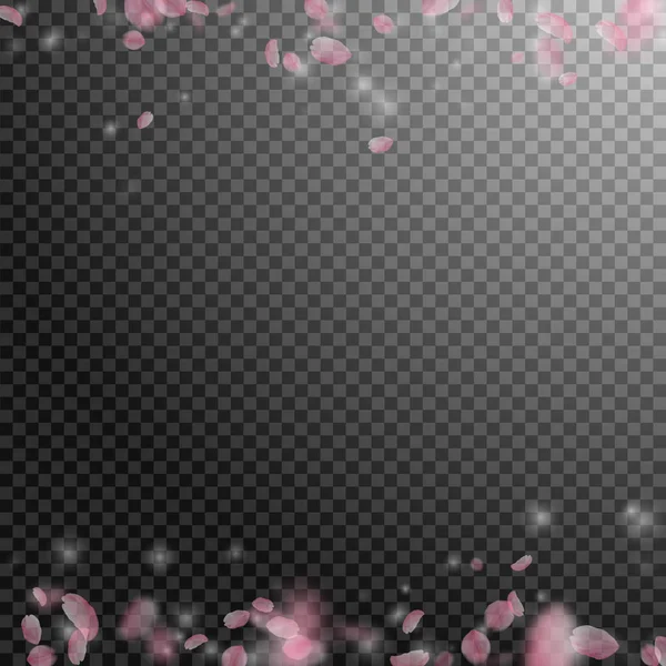 Pétalos Sakura cayendo. Románticas flores rosadas bordes. Pétalos voladores sobre respaldo cuadrado transparente — Archivo Imágenes Vectoriales