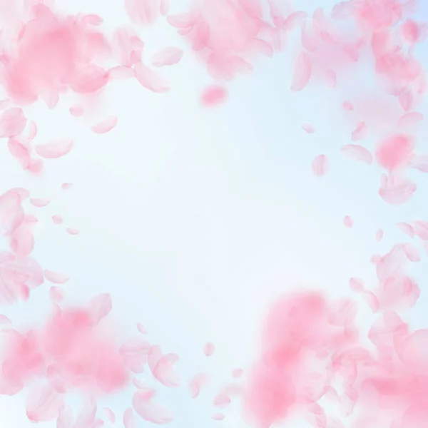 Sakura yaprakları aşağı düşen. Romantik pembe çiçekler skeç. Mavi gökyüzü kare backgro üzerinde uçan yaprakları — Stok Vektör
