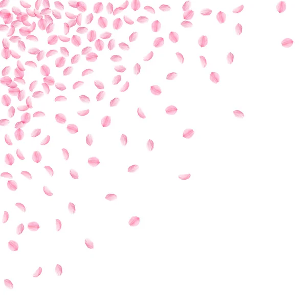 Des pétales de Sakura tombent. Romantique rose soyeux petites fleurs. Épais pétales volants de cerise. Éparpillé — Image vectorielle