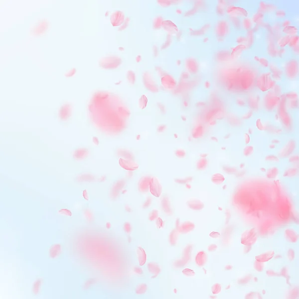 Pétalas Sakura a cair. Gradiente de flores rosa romântico. Pétalas voadoras no céu azul quadrado backgro — Vetor de Stock