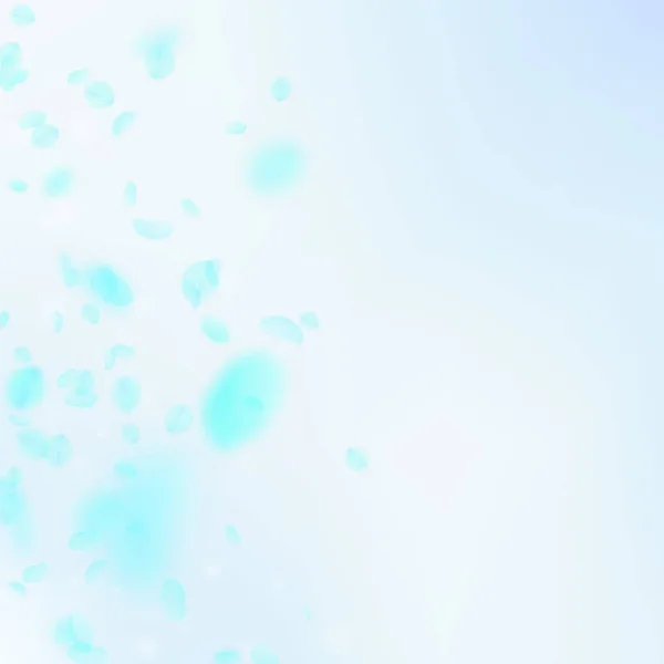 Pétalos de flores de turquesa cayendo. Notable gradiente de flores románticas. Pétalo volador en el cielo azul — Archivo Imágenes Vectoriales