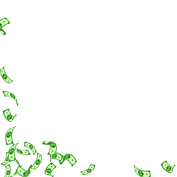 Amerikaanse dollar biljetten vallen. Sparse Usd facturen op witte achtergrond. VS geld. Stijlvolle vector illust — Stockvector