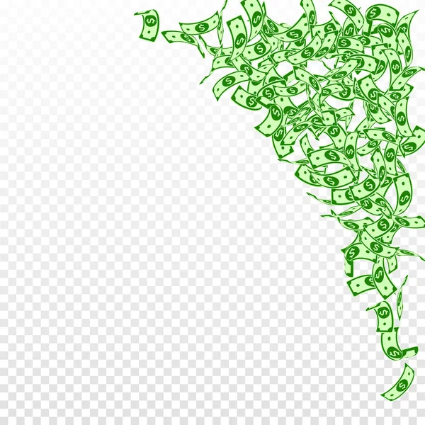 Americký dolar padající noty. Malé bankovky Usd na průhledném pozadí. Peníze jsou USA. Zvědavý vektor — Stockový vektor