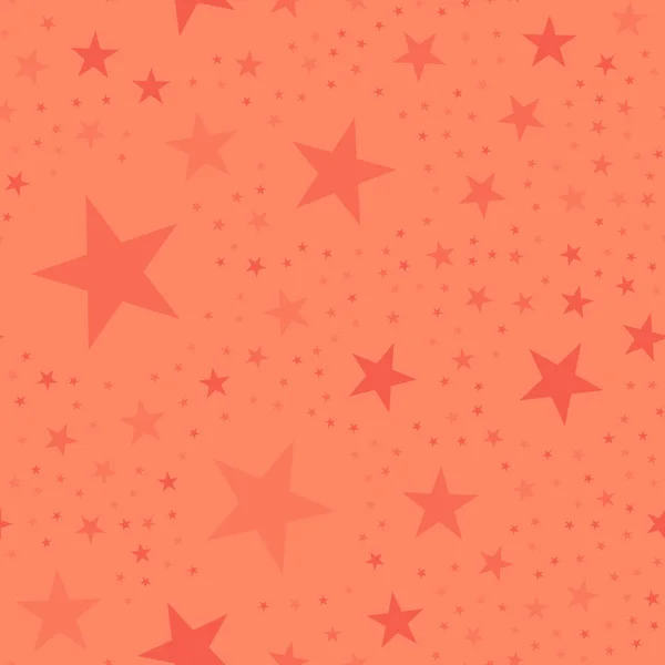 Estrellas rojas patrón sin costuras en el fondo de coral Majestuosas estrellas rojas dispersas al azar infinitas festivas — Archivo Imágenes Vectoriales
