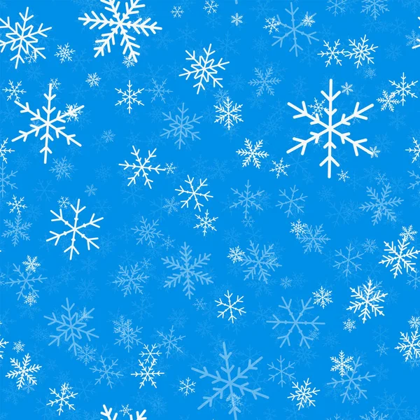 Hellblaue Schneeflocken nahtloses Muster auf blauem Weihnachten Hintergrund chaotisch verstreut hellblau — Stockvektor