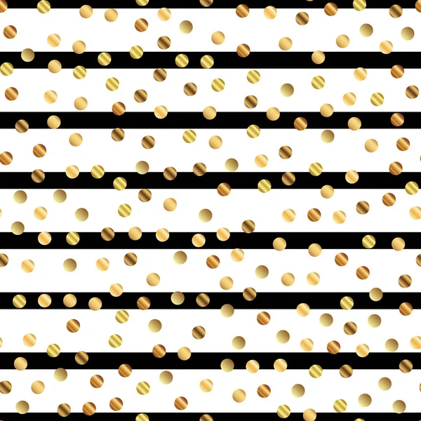 Goldene Punkte nahtloses Muster auf schwarz-weiß gestreiftem Hintergrund entzückender Verlauf goldene Punkte — Stockvektor