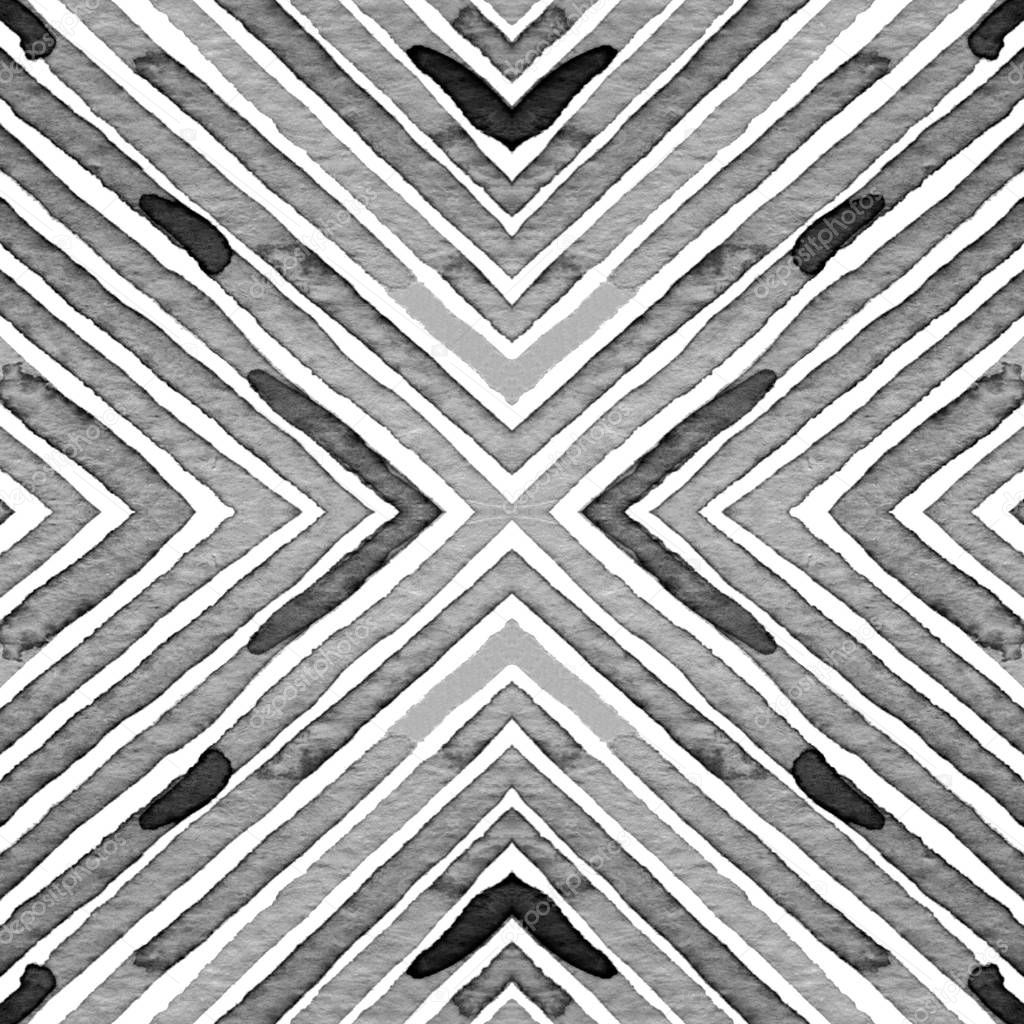 Black and white Geometric Watercolor. Creative Seamless Pattern. Hand Drawn Stripes. Brush Texture. 