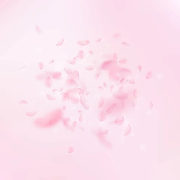 Pétalas Sakura a cair. Explosão romântica de flores rosa. Pétalas voadoras sobre fundo quadrado rosa — Vetor de Stock