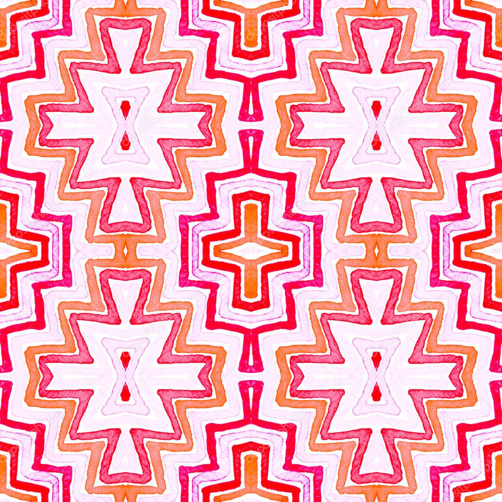 Pink red Geometric Watercolor. Delicate Seamless Pattern. Hand Drawn Stripes. Brush Texture. Ravishi