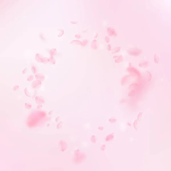 Sakura bloemblaadjes vallen. Romantische roze bloemen vignet. Vliegende bloemblaadjes op roze vierkante achtergrond. — Stockvector