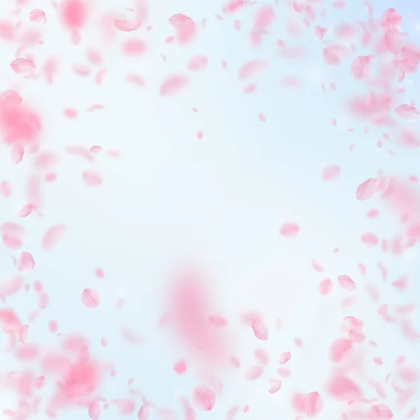 Sakura bloemblaadjes vallen. Romantische roze bloemen vignet. Vliegende bloemblaadjes op blauwe hemel vierkante backgro — Stockvector