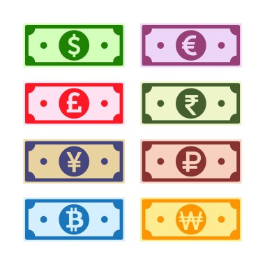 Para kağıt notları koleksiyonu. Bize doları, İngiliz Lirası, Euro, Yen, Yuan, kazanılan, Rupisi, Rublesi, Bitcoin. Worl