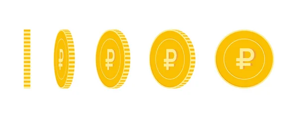 Conjunto de moedas de rublo russo, animação pronta. RUB rotação de moedas amarelas. Rússia dinheiro de metal em diferentes — Vetor de Stock