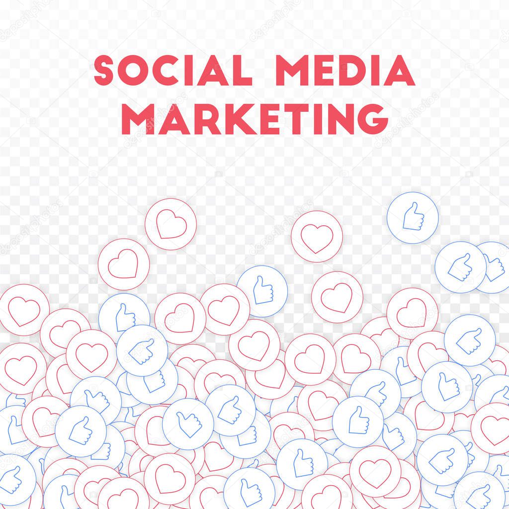 Social media icons. Social media marketing concept. Falling scattered thumbs up hearts. Scatter bott