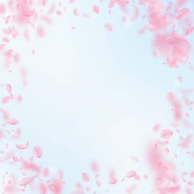 Sakura yaprakları aşağı düşen. Romantik pembe çiçekler skeç. Mavi gökyüzü kare backgro üzerinde uçan yaprakları