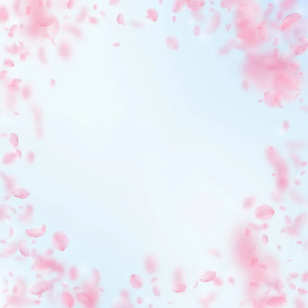Sakura petals falling down. Romantic pink flowers vignette. Flying petals on blue sky square backgro — Stock Vector