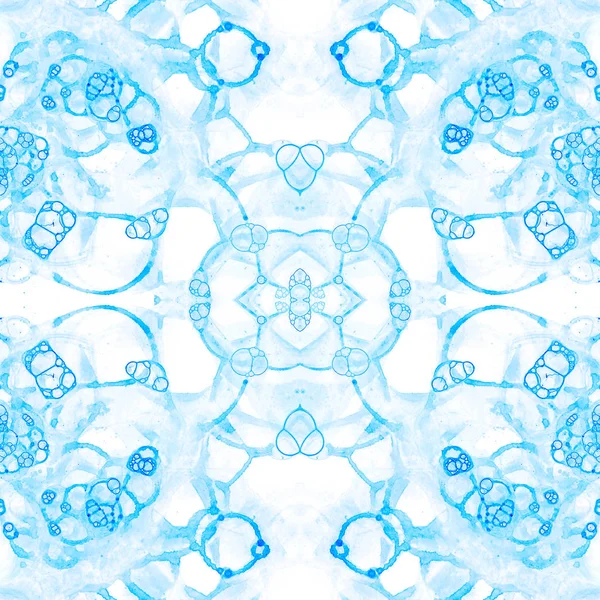 Patrón azul sin costuras. Increíbles burbujas de jabón delicadas. Encaje dibujado a mano adorno textil. Caleidoscopio —  Fotos de Stock