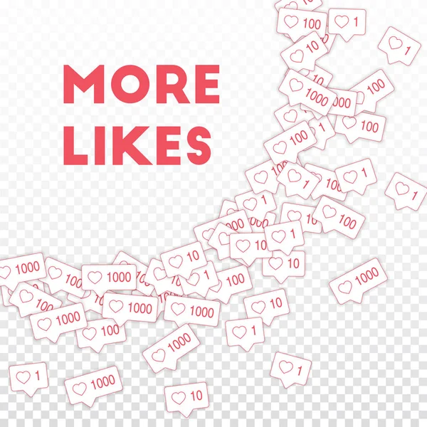 Social media icons. More likes concept. Falling pink like counter. Original big radiant left top cor