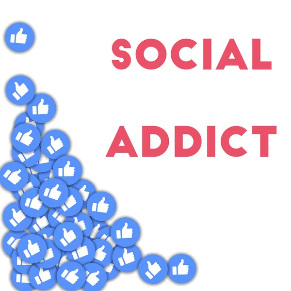 Un adicto social. Iconos de redes sociales en forma abstracta de fondo con pulgares dispersos hacia arriba. —  Fotos de Stock