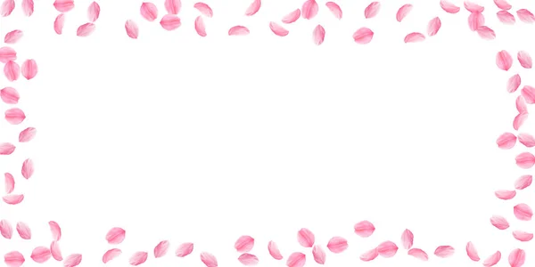 Сакура пелюстки падають. Романтичний рожеві шовковистою середнього квіти. Розріджені flying Вишневе пелюсток. Широкий sc — стоковий вектор