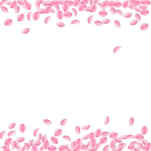 Лепестки Сакуры падают. Розовые ярко-средние цветки. Толстые летающие лепестки вишни. Границы — стоковый вектор