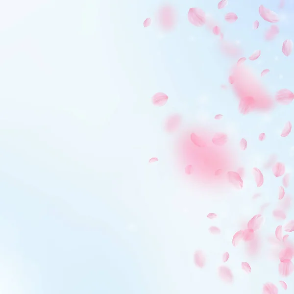 Spadające płatki. Romantyczne kwiaty różowy gradientu. Latający płatki na niebo niebieski kwadrat backgro — Wektor stockowy