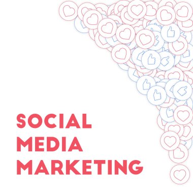 Sosyal medya simgeler. Sosyal medya pazarlama kavramı. Dağınık kalpler Yaşasın düşüyor. Beyaz arka plan üzerinde sağ üst öğeleri.