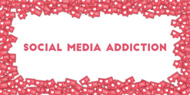 Sosyal medya bağımlılığı. Sosyal medya simgeleri soyut şekilli ve pembe sayaçlı. Etkileyici illüstrasyonda sosyal medya bağımlılığı kavramı.