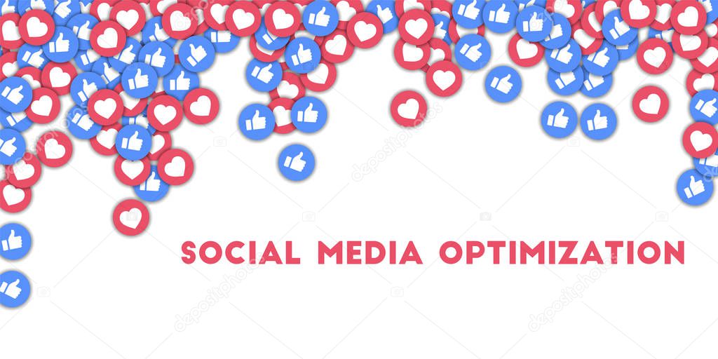 Social media optimization. Social media icons in abstract shape background with scattered thumbs up 