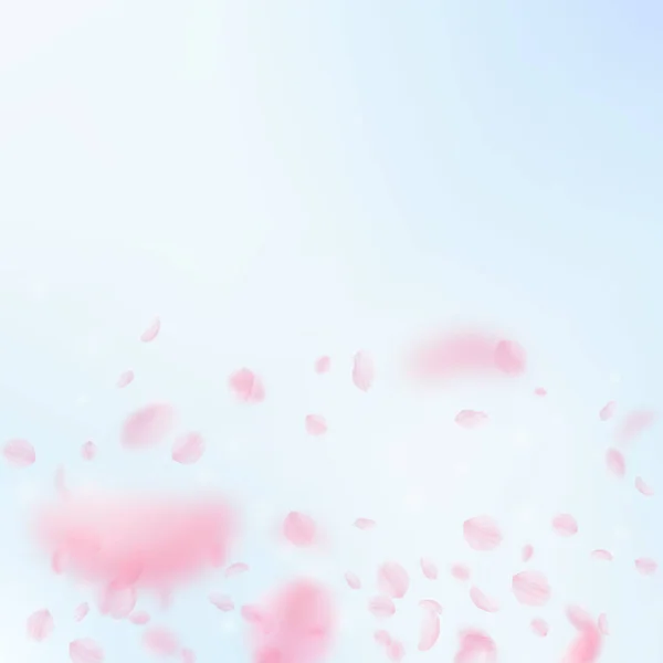 Pétalas Sakura a cair. Gradiente de flores rosa romântico. Pétalas voadoras no céu azul quadrado backgro —  Vetores de Stock