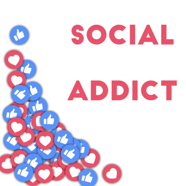Sozialsüchtig. Social-Media-Symbole in abstrakter Form Hintergrund mit verstreuten Daumen nach oben und Herzen. — Stockfoto