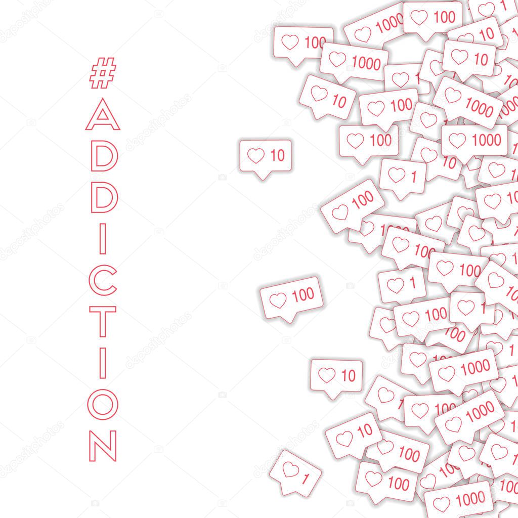 Social media icons. Social media addiction concept. Falling pink like counter. Scatter right gradien