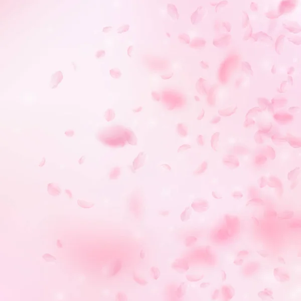桜の花びらが落ちています。ロマンチックなピンクの花のグラデーション。ピンクの正方形の背景に花びらを飛んでください。. — ストックベクタ