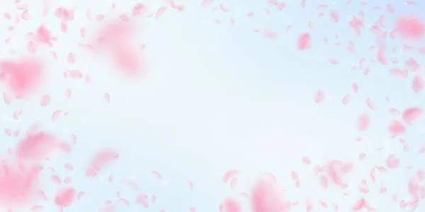 Sakura-Blütenblätter fallen herunter. romantische rosa Blumen Vignette. fliegende Blütenblätter am blauen Himmel — Stockvektor