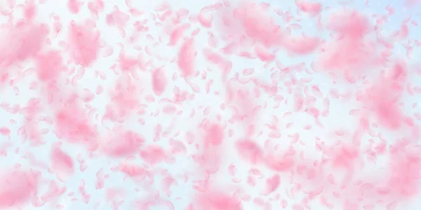 Лепестки Сакуры падают. Романтический розовый узор цветов. Летающие лепестки на голубом фоне неба — стоковый вектор