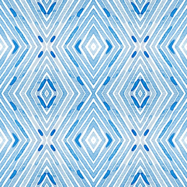 Blue Geometric Watercolor. Curious Seamless Pattern. Hand Drawn Stripes. Brush Texture. Lovely Chevr