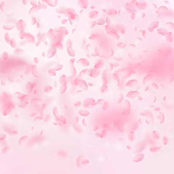 Pétalos Sakura cayendo. Gradiente de flores rosas románticas. Pétalos voladores sobre fondo cuadrado rosa . — Vector de stock